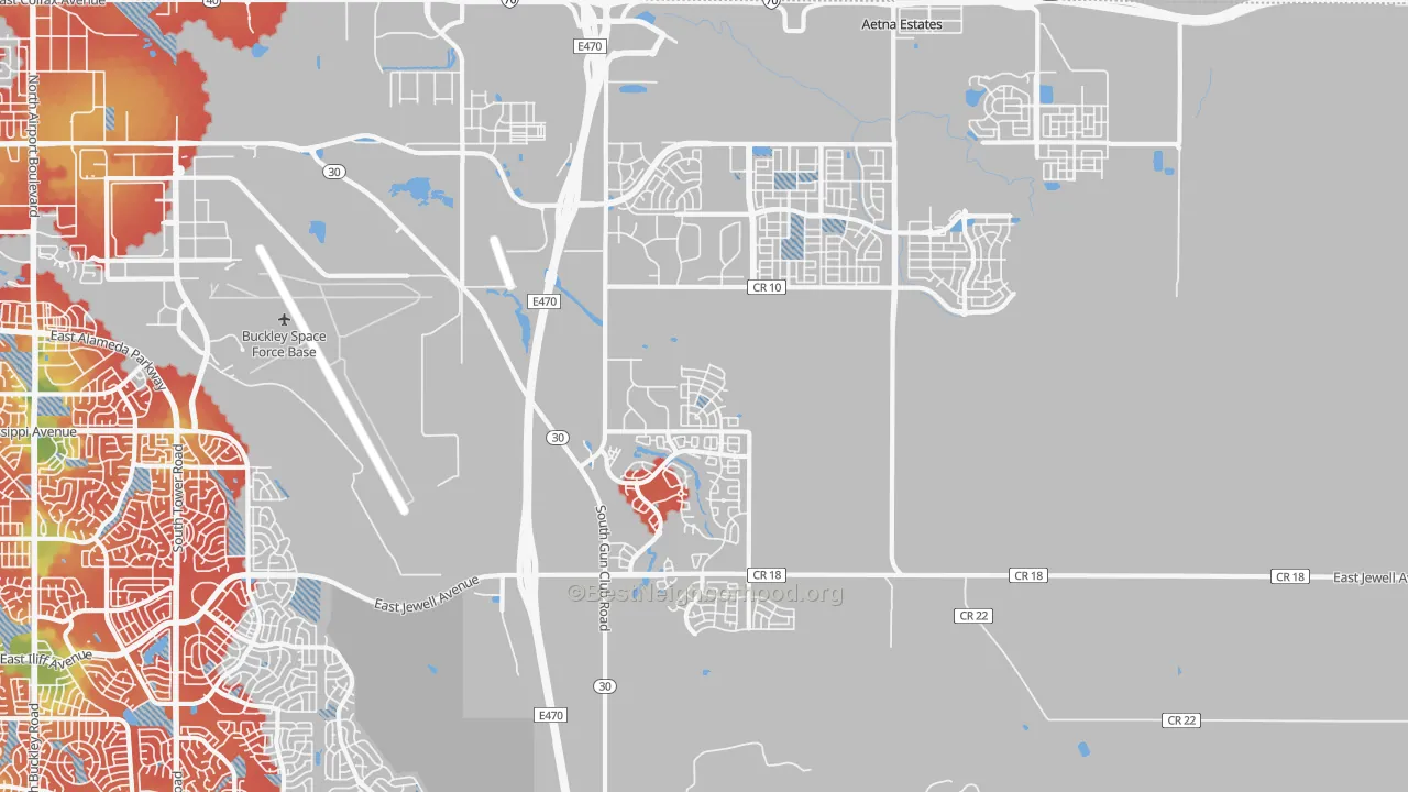 Walk Grade map of 80018, CO, walkable areas in green and car-dependent areas in red