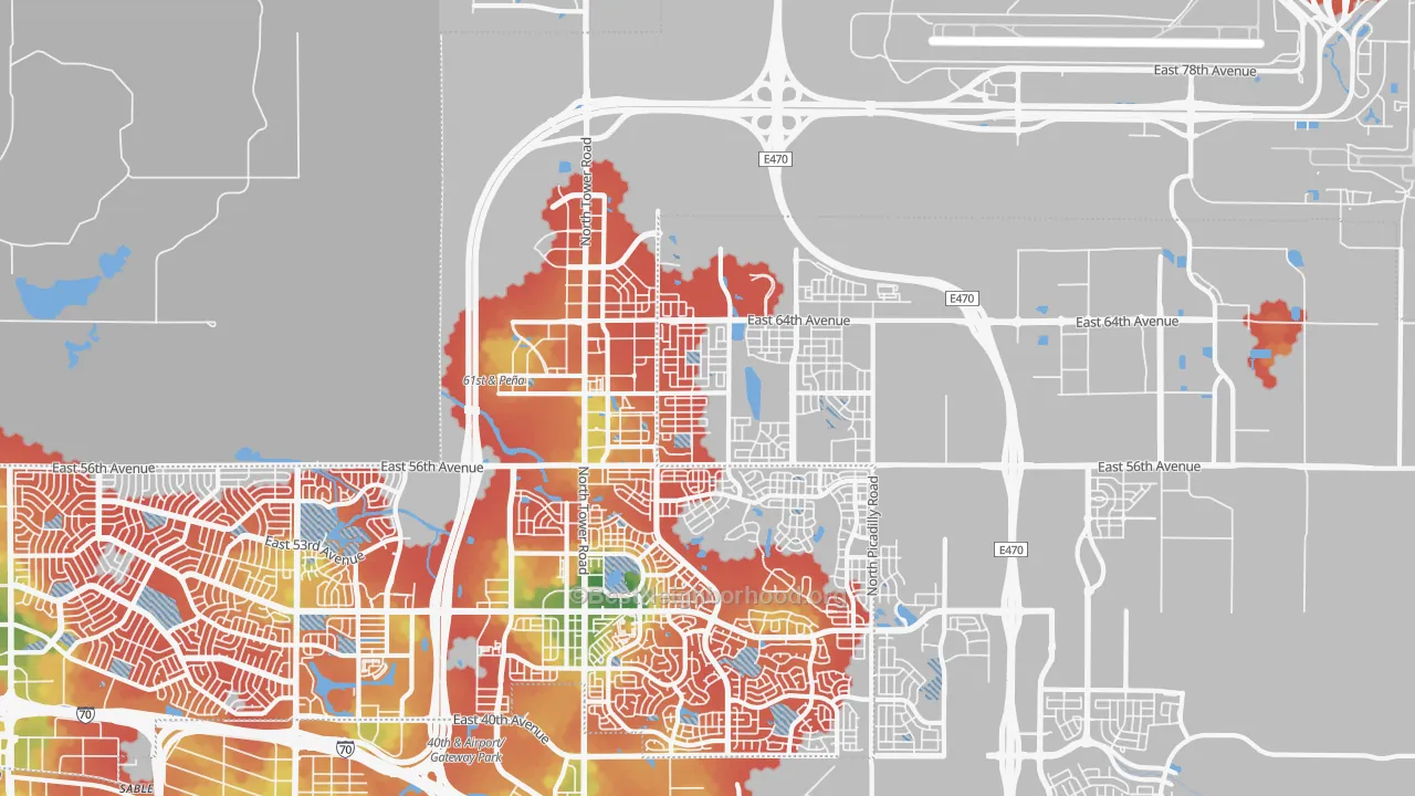 Walk Grade map of 80019, CO, walkable areas in green and car-dependent areas in red