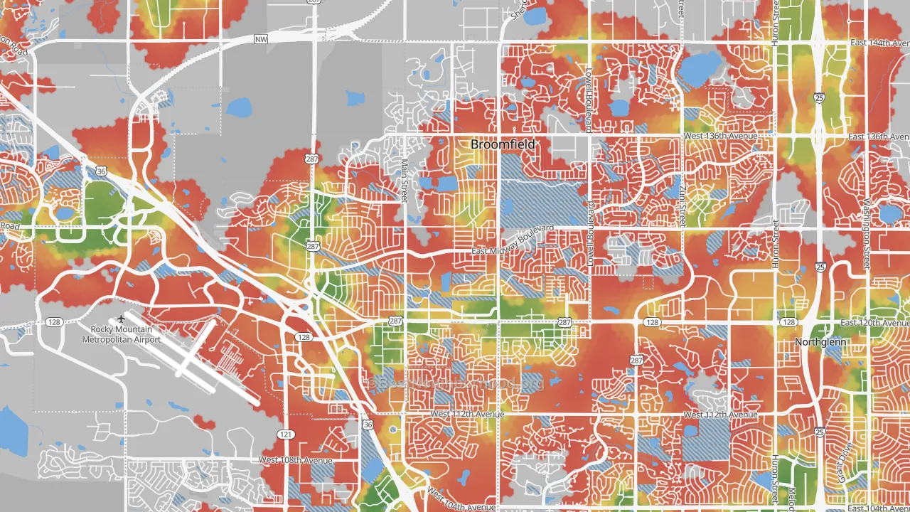 Walk Grade map of 80020, CO, walkable areas in green and car-dependent areas in red