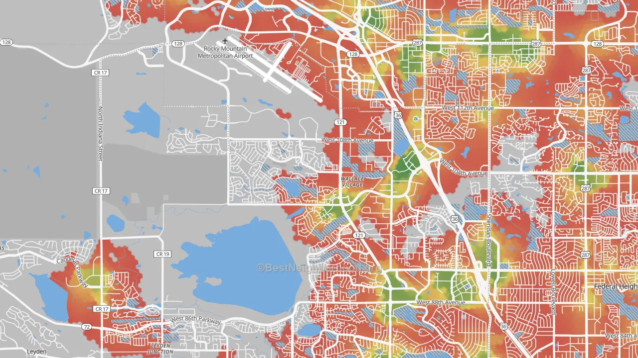 Walk Grade map of 80021, CO, walkable areas in green and car-dependent areas in red
