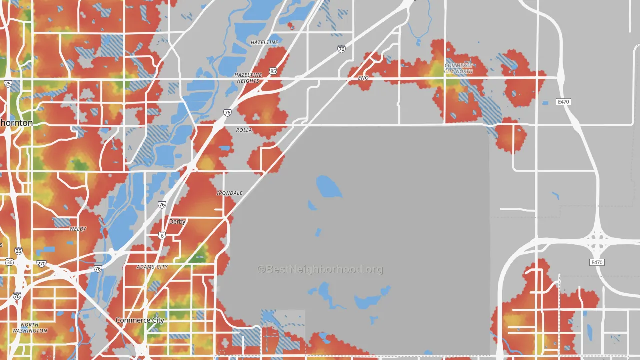 Walk Grade map of 80022, CO, walkable areas in green and car-dependent areas in red