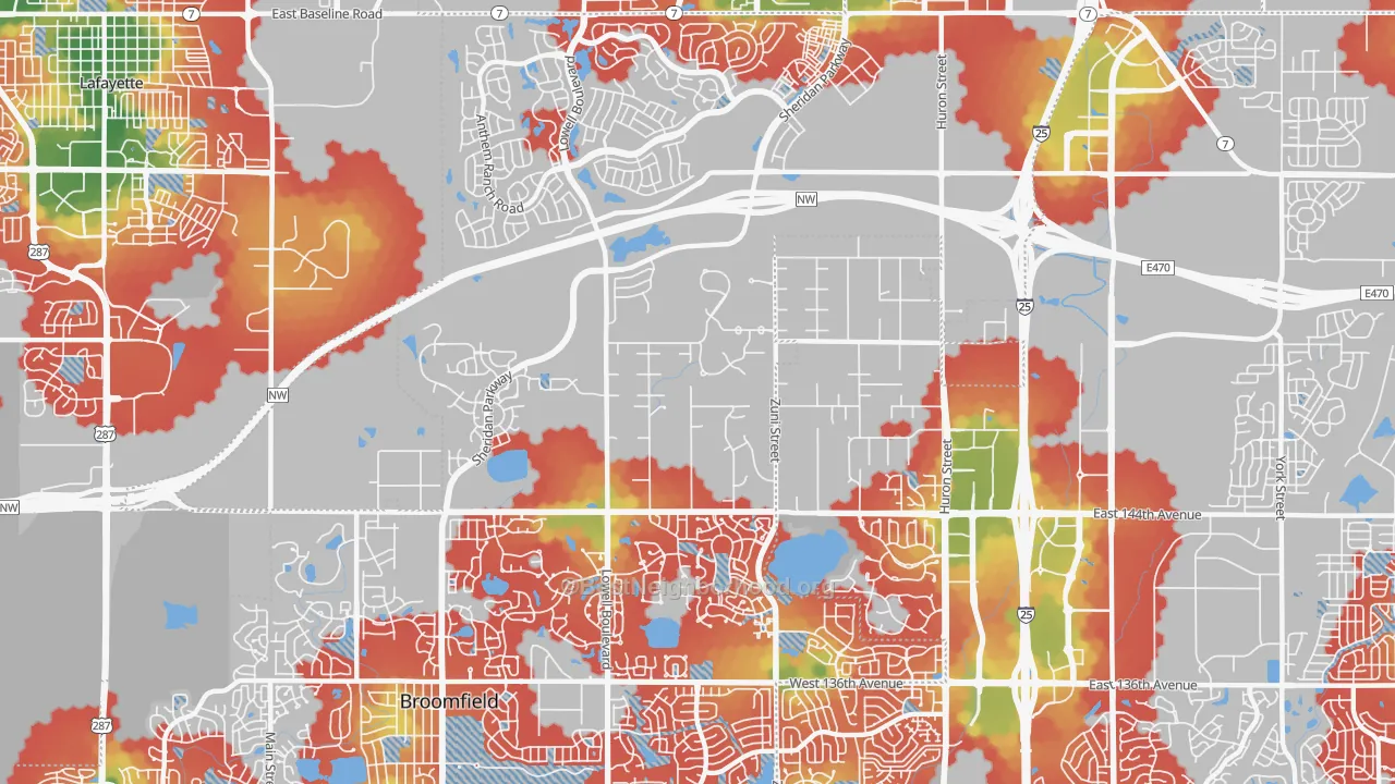 Walk Grade map of 80023, CO, walkable areas in green and car-dependent areas in red