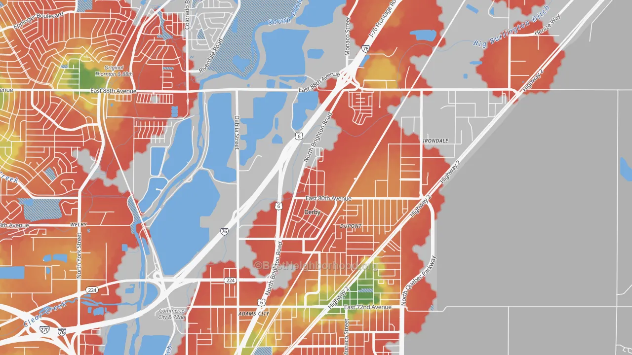 Walk Grade map of 80024, CO, walkable areas in green and car-dependent areas in red