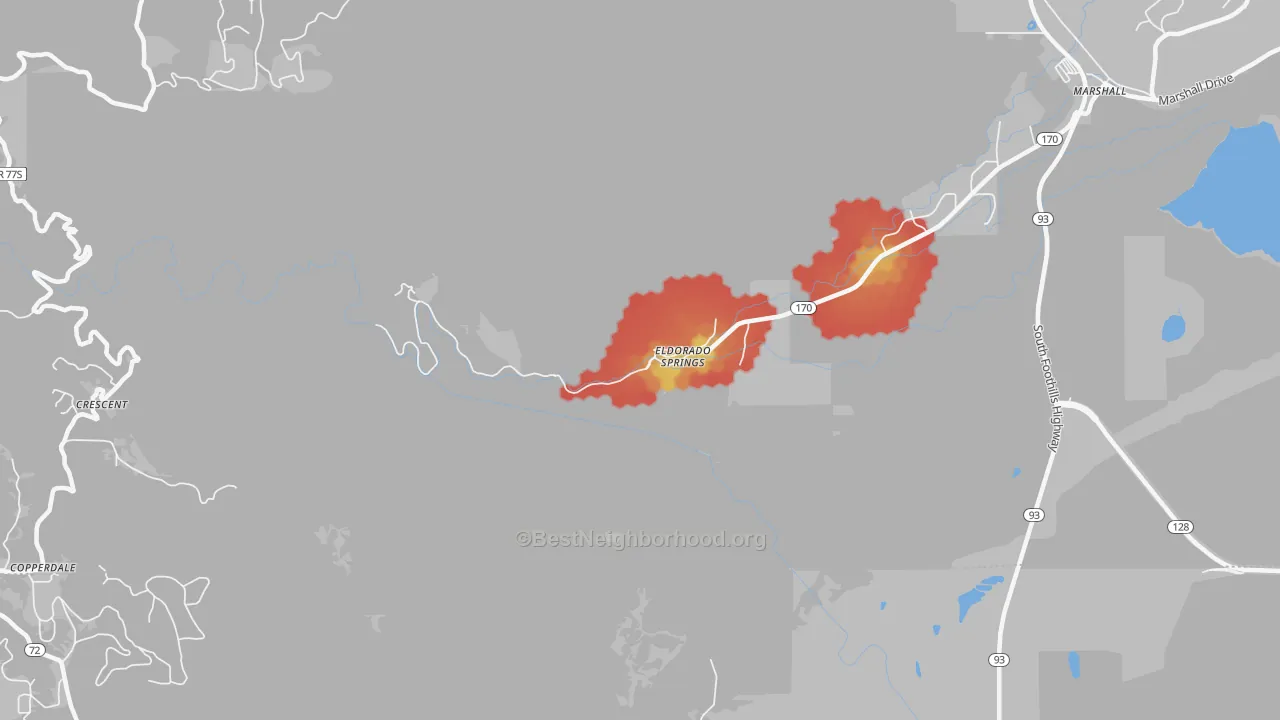 Walk Grade map of 80025, CO, walkable areas in green and car-dependent areas in red