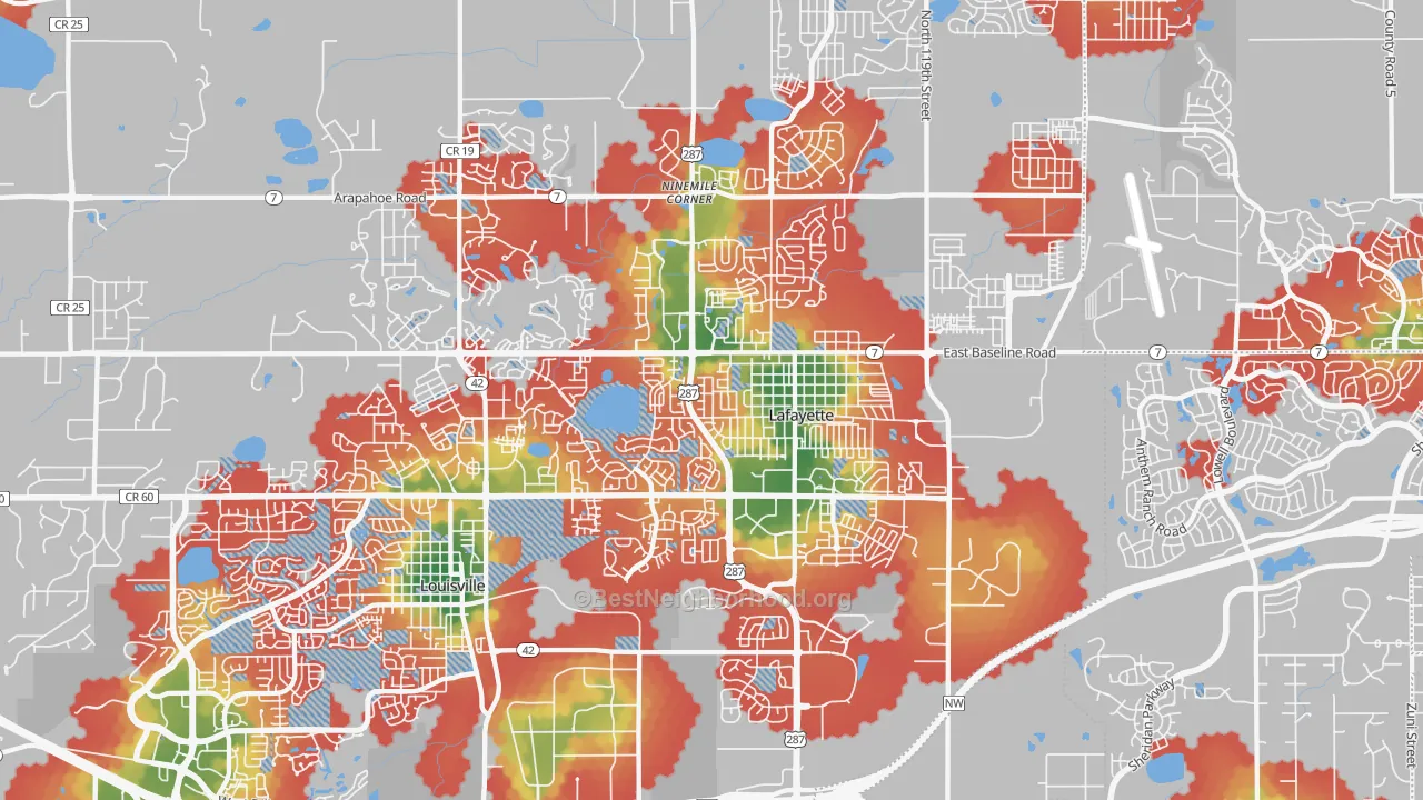 Walk Grade map of 80026, CO, walkable areas in green and car-dependent areas in red