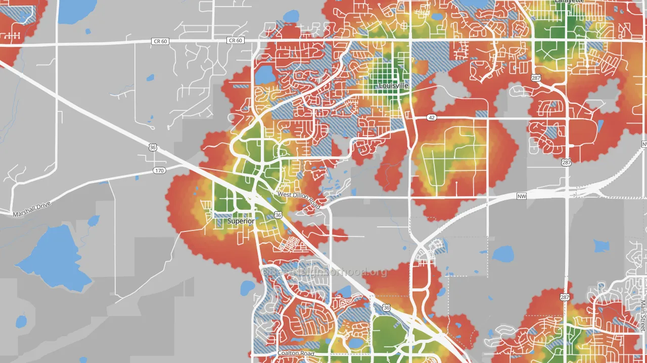Walk Grade map of 80027, CO, walkable areas in green and car-dependent areas in red