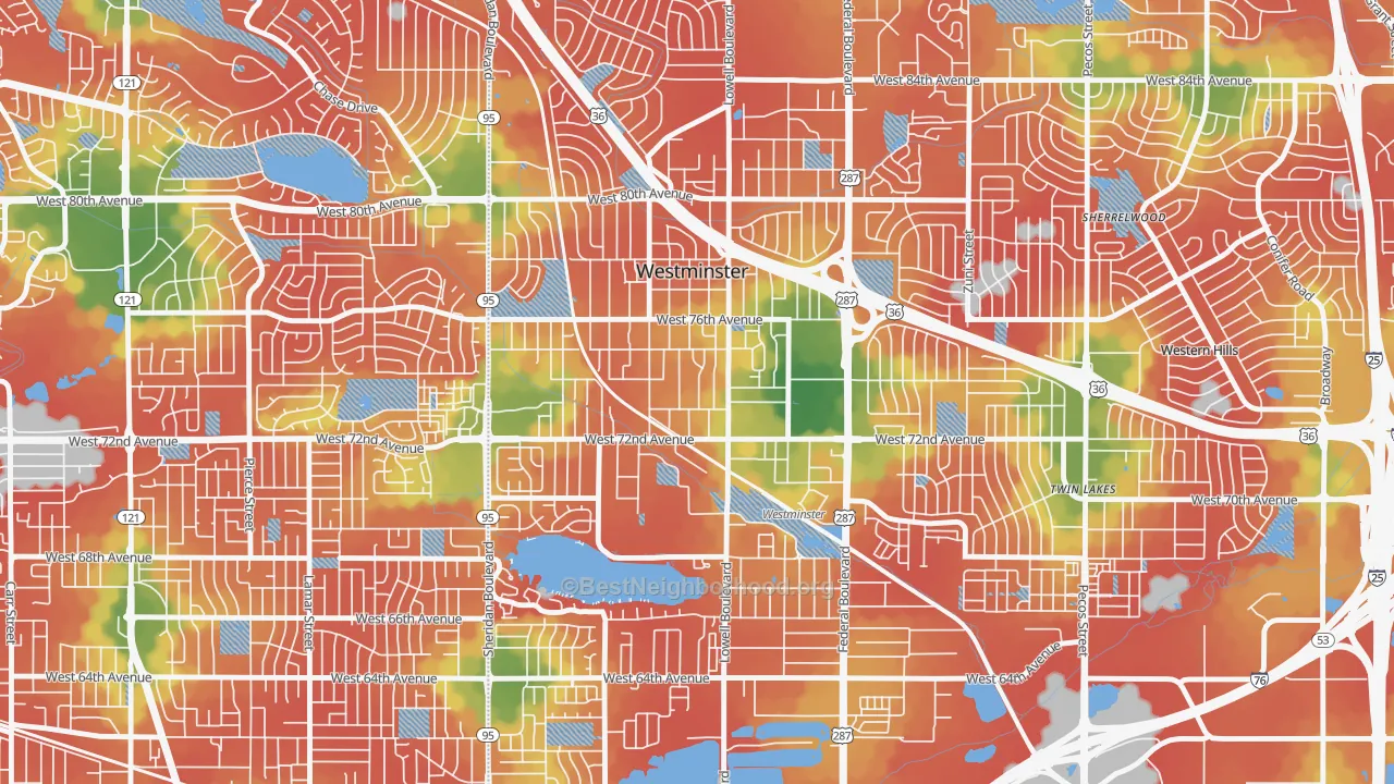 Walk Grade map of 80030, CO, walkable areas in green and car-dependent areas in red