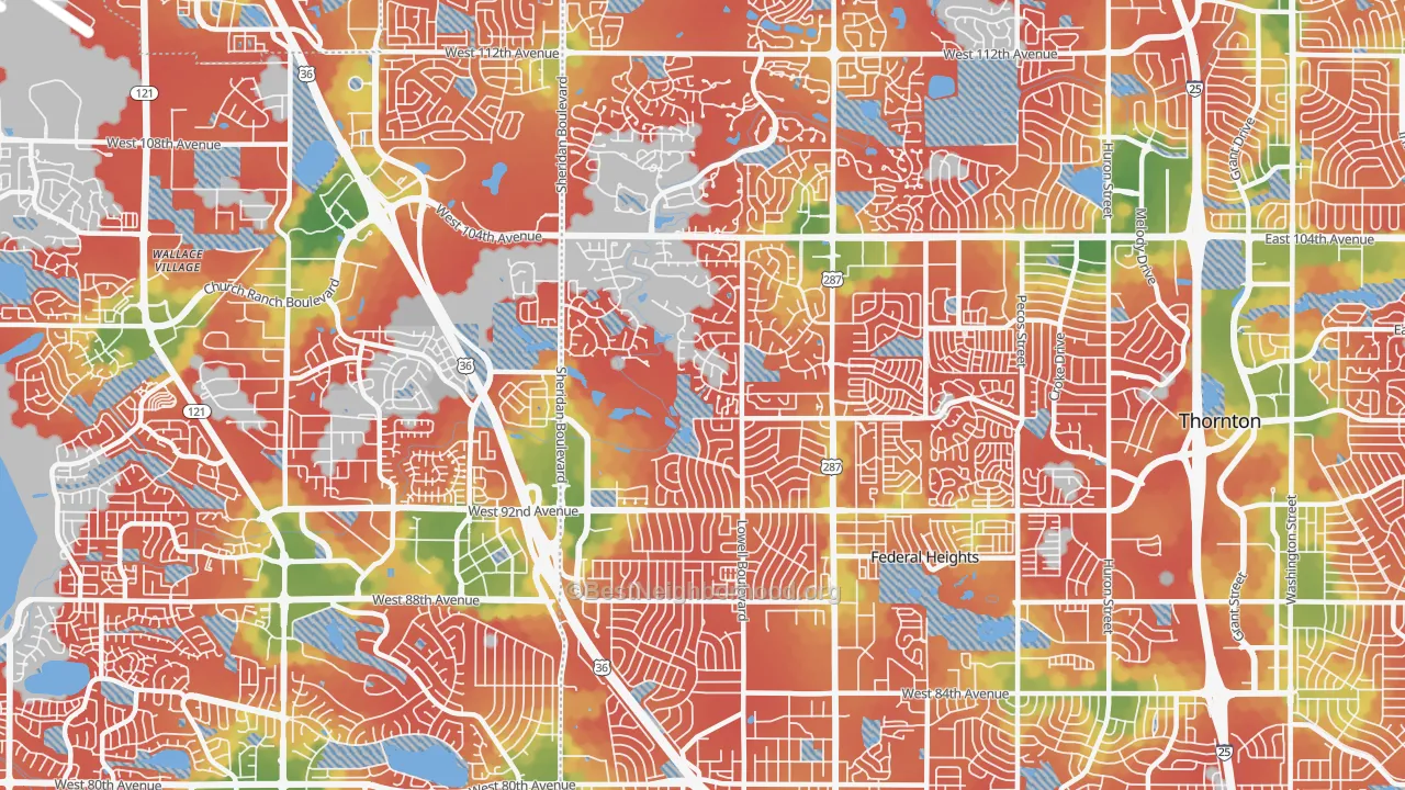 Walk Grade map of 80031, CO, walkable areas in green and car-dependent areas in red
