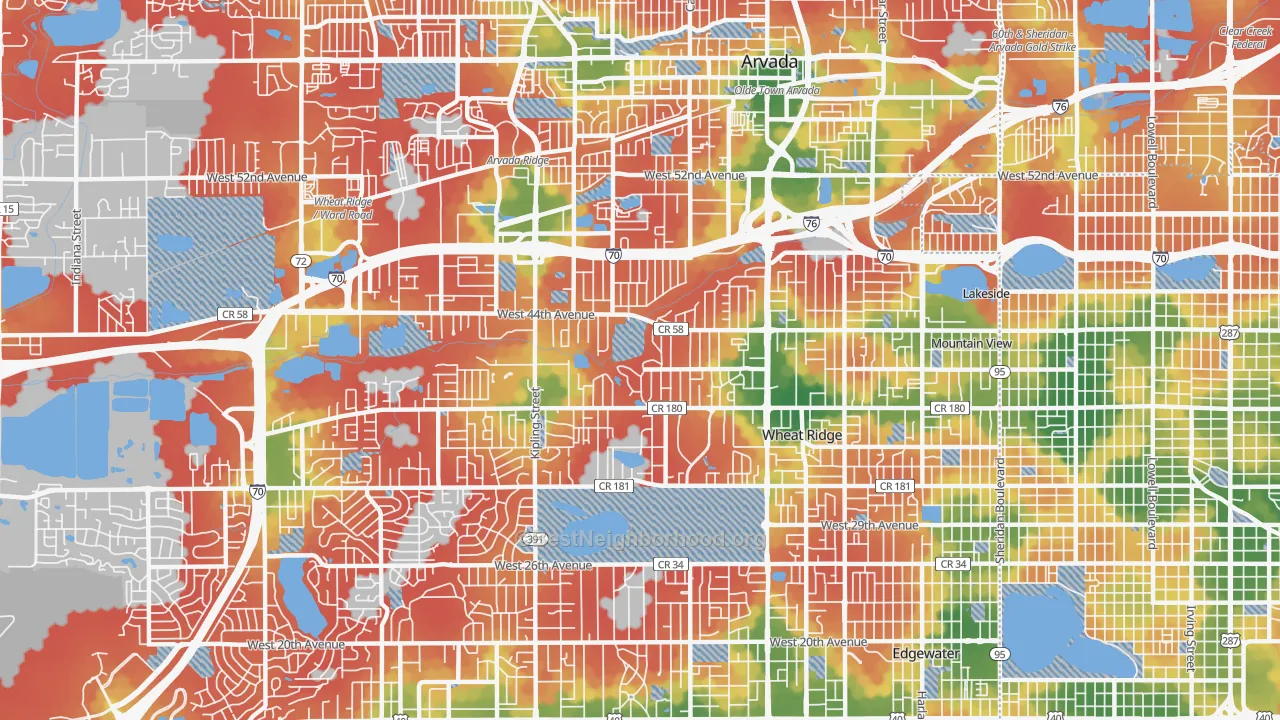 Walk Grade map of 80033, CO, walkable areas in green and car-dependent areas in red