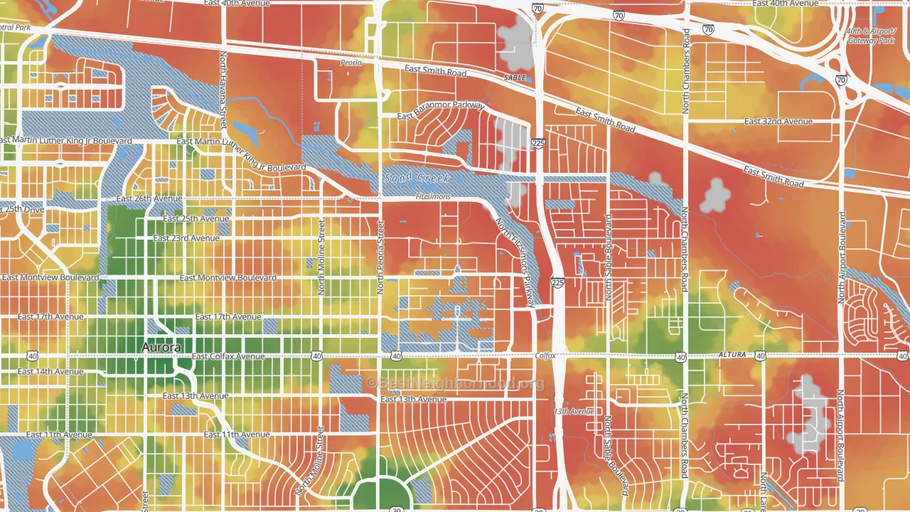 Walk Grade map of 80045, CO, walkable areas in green and car-dependent areas in red