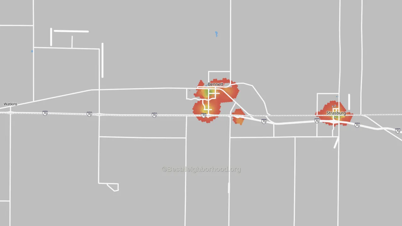 Walk Grade map of 80102, CO, walkable areas in green and car-dependent areas in red