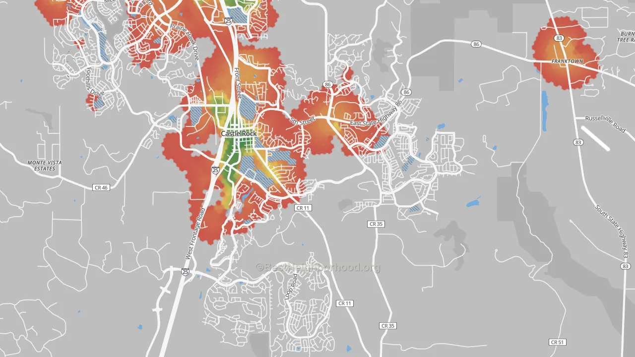 Walk Grade map of 80104, CO, walkable areas in green and car-dependent areas in red