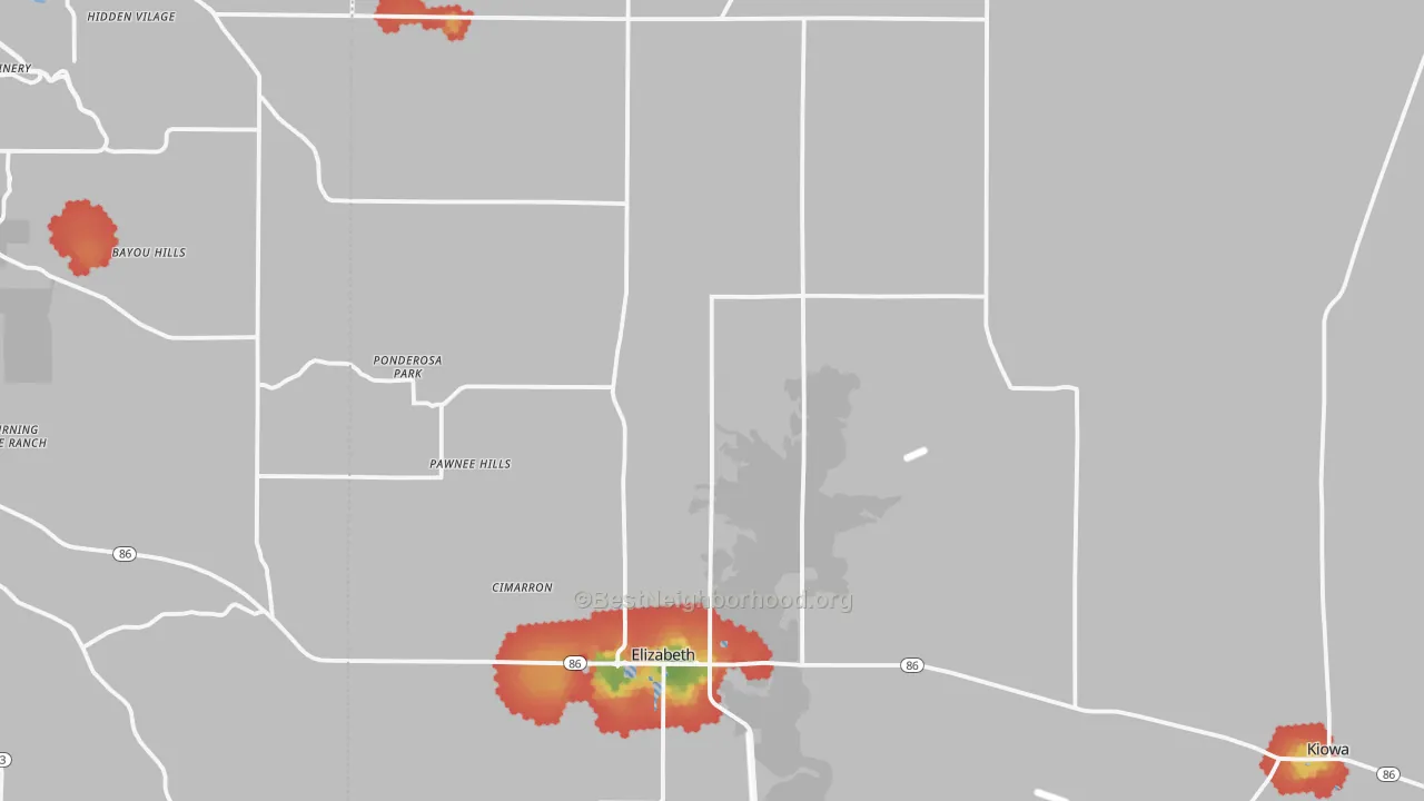 Walk Grade map of 80107, CO, walkable areas in green and car-dependent areas in red