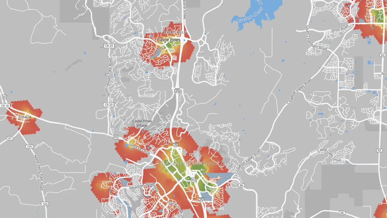 Walk Grade map of 80108, CO, walkable areas in green and car-dependent areas in red