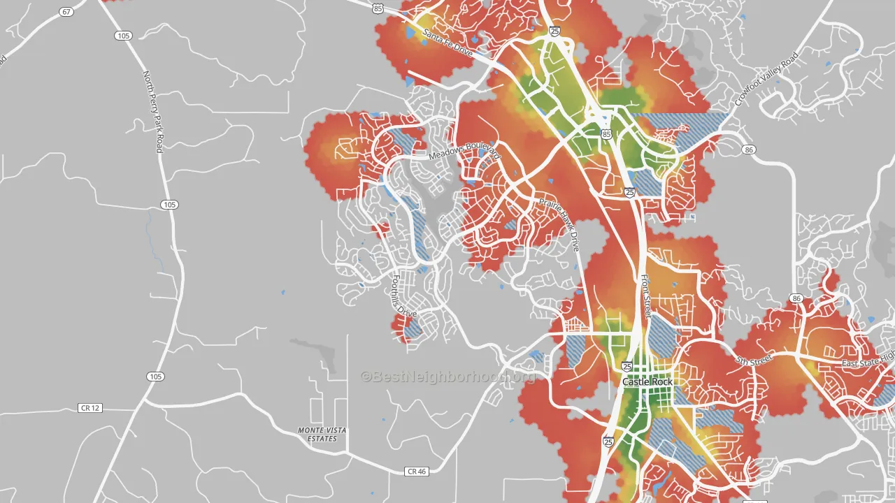 Walk Grade map of 80109, CO, walkable areas in green and car-dependent areas in red
