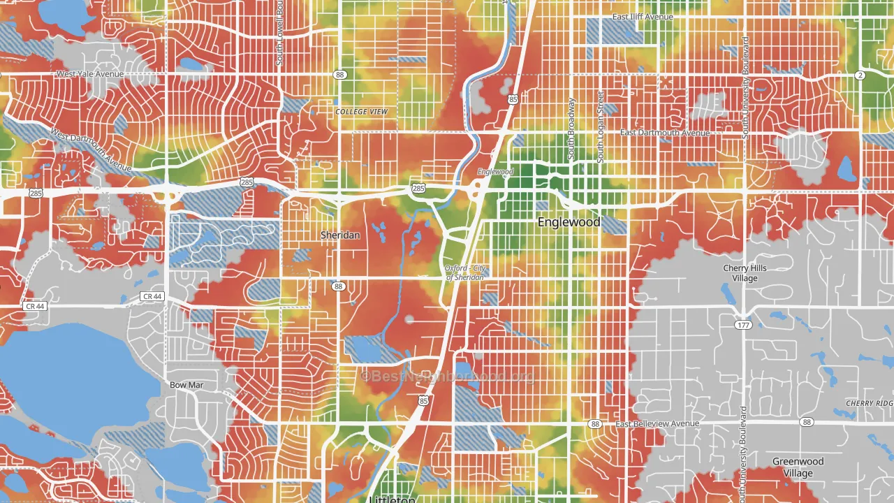 Walk Grade map of 80110, CO, walkable areas in green and car-dependent areas in red