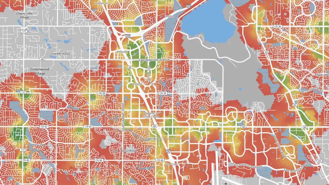 Walk Grade map of 80111, CO, walkable areas in green and car-dependent areas in red