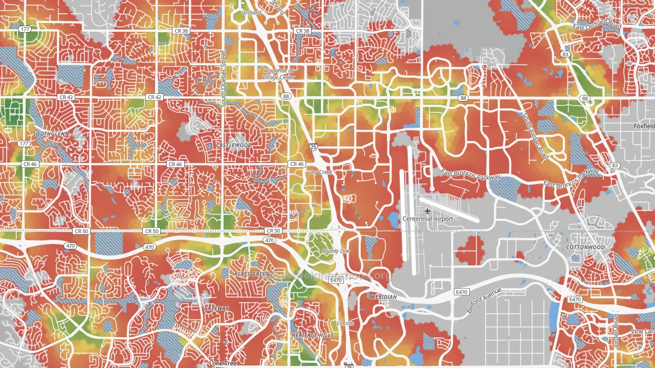 Walk Grade map of 80112, CO, walkable areas in green and car-dependent areas in red