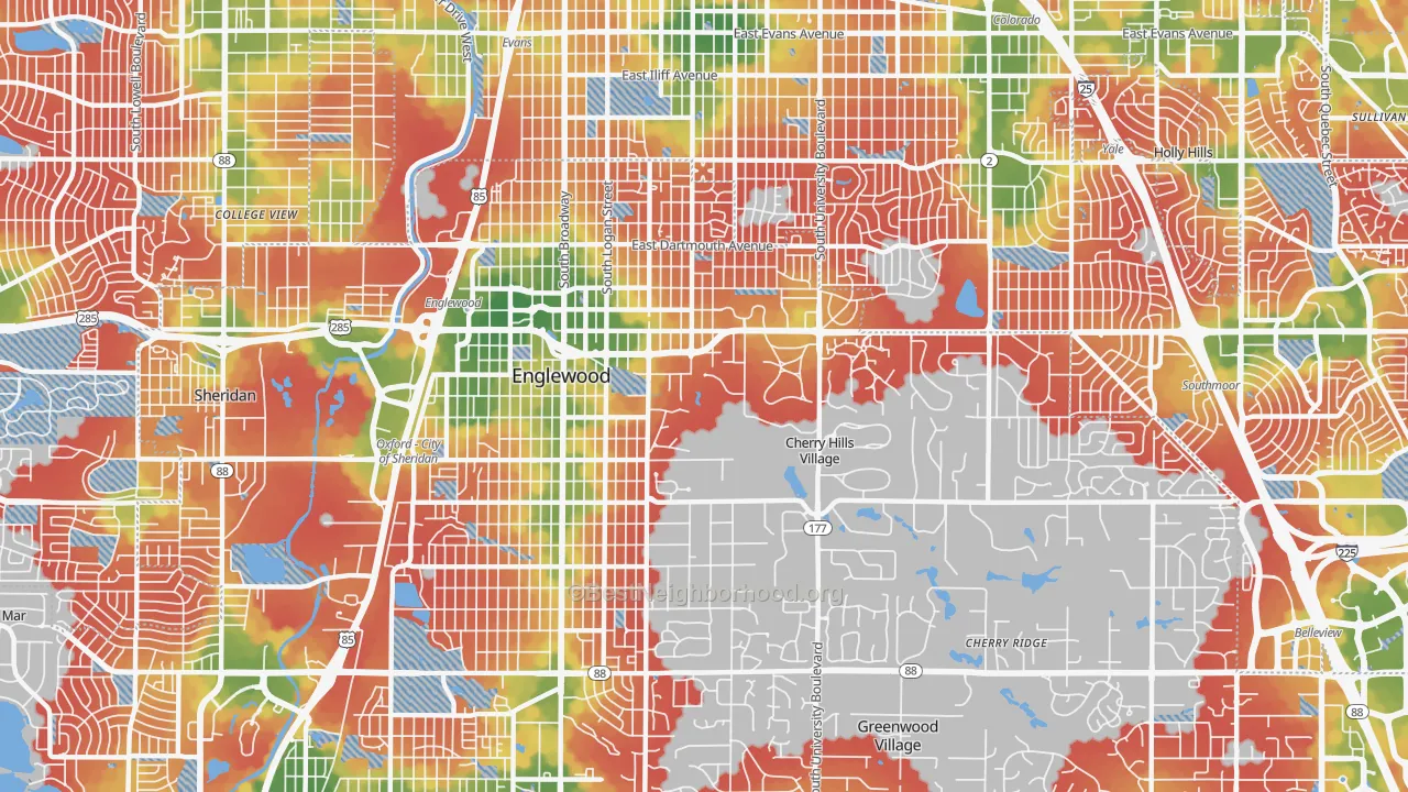 Walk Grade map of 80113, CO, walkable areas in green and car-dependent areas in red