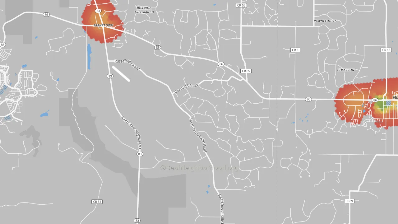 Walk Grade map of 80116, CO, walkable areas in green and car-dependent areas in red