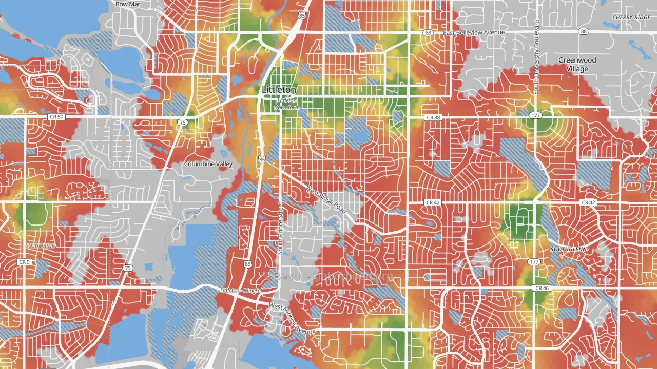 Walk Grade map of 80120, CO, walkable areas in green and car-dependent areas in red