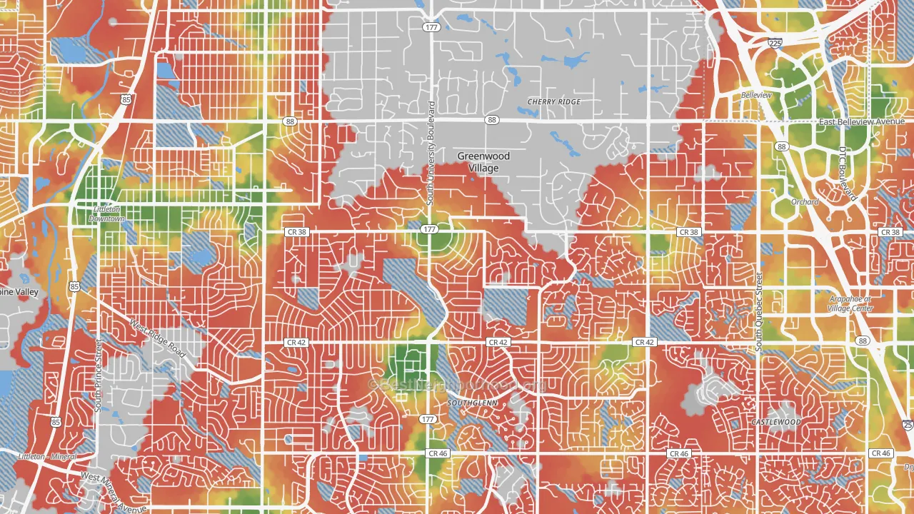 Walk Grade map of 80121, CO, walkable areas in green and car-dependent areas in red