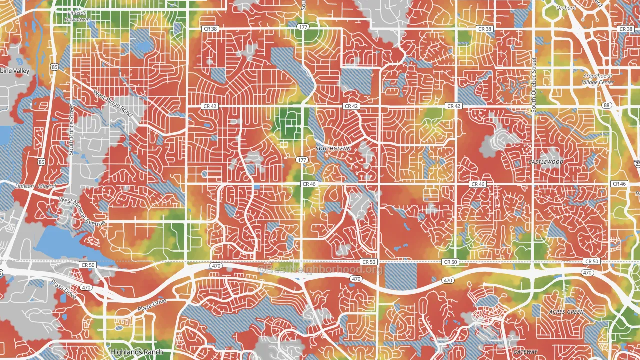Walk Grade map of 80122, CO, walkable areas in green and car-dependent areas in red