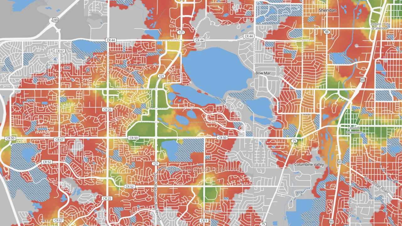 Walk Grade map of 80123, CO, walkable areas in green and car-dependent areas in red