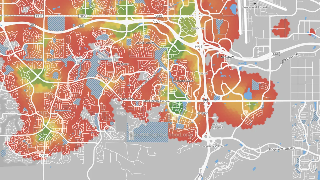Walk Grade map of 80124, CO, walkable areas in green and car-dependent areas in red