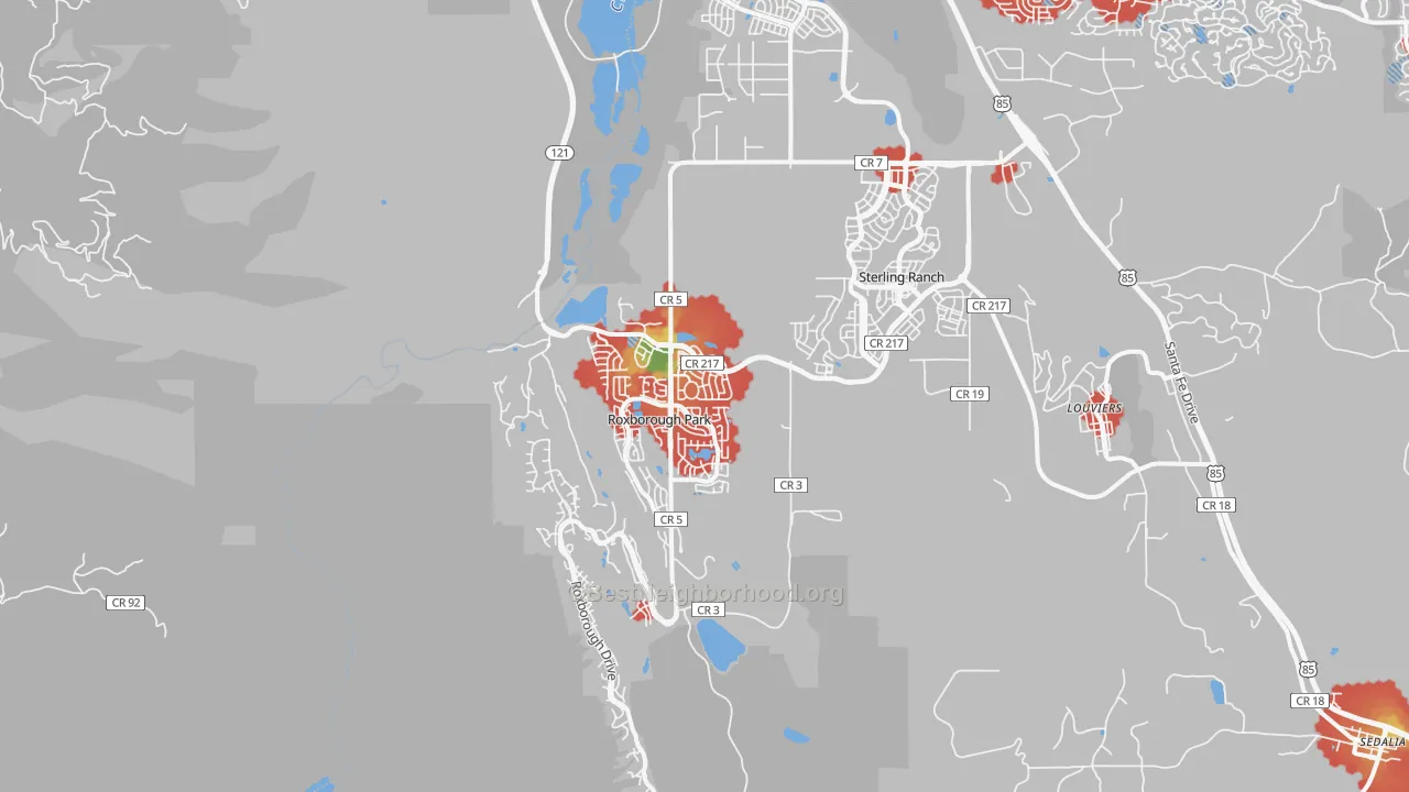 Walk Grade map of 80125, CO, walkable areas in green and car-dependent areas in red
