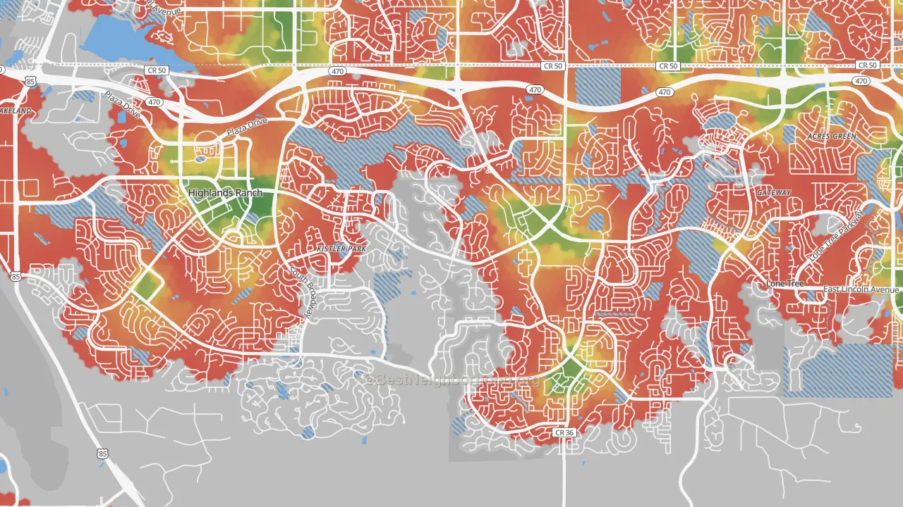Walk Grade map of 80126, CO, walkable areas in green and car-dependent areas in red