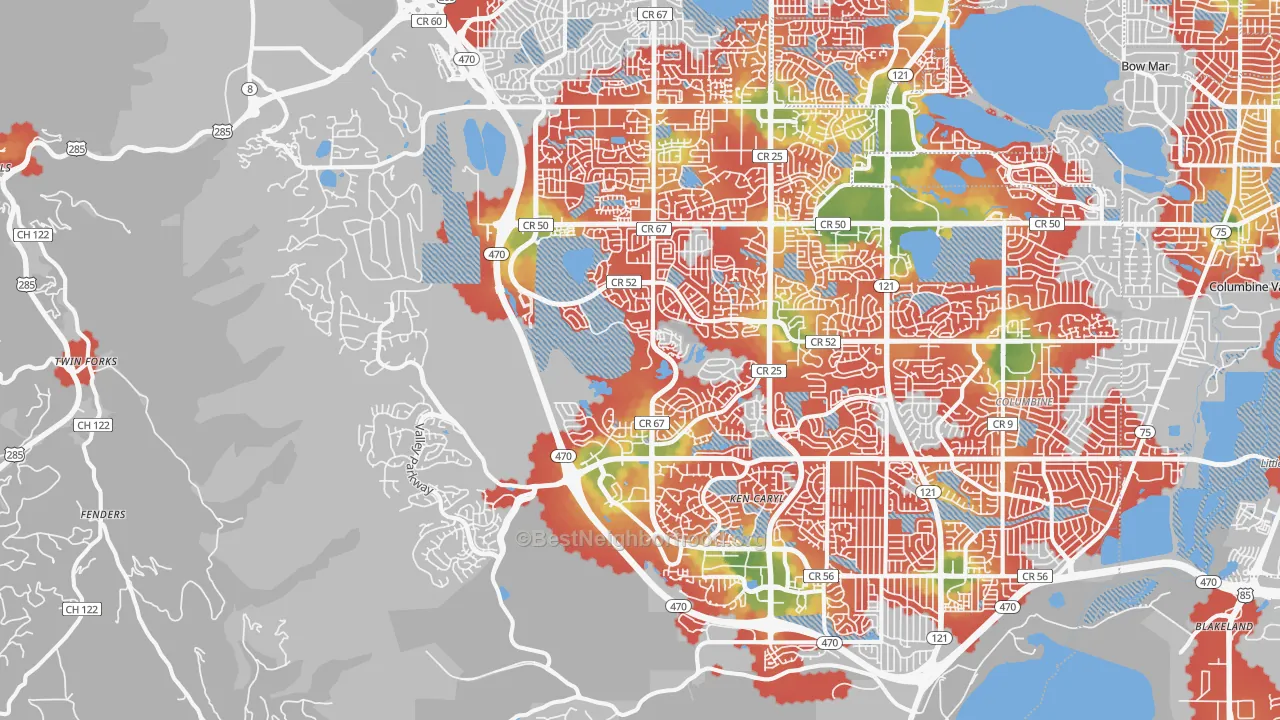 Walk Grade map of 80127, CO, walkable areas in green and car-dependent areas in red