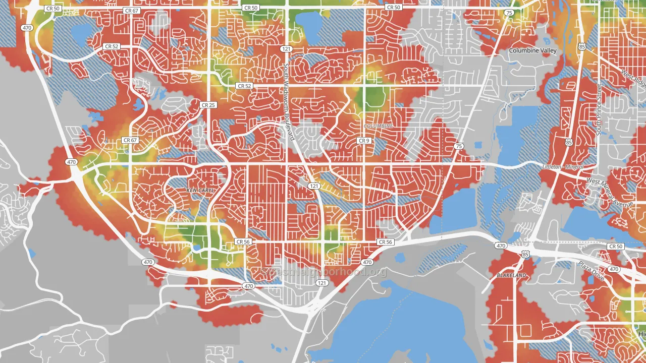 Walk Grade map of 80128, CO, walkable areas in green and car-dependent areas in red