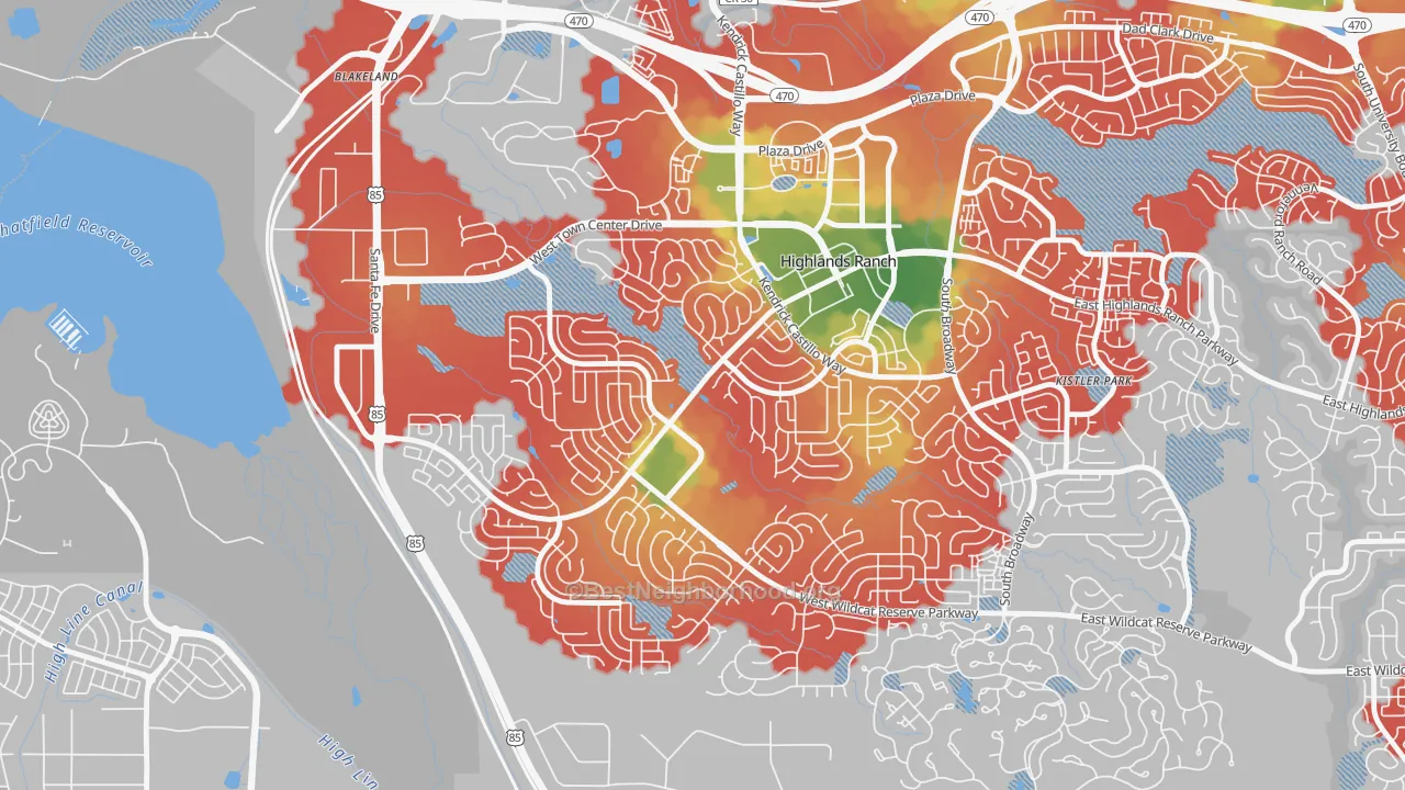 Walk Grade map of 80129, CO, walkable areas in green and car-dependent areas in red