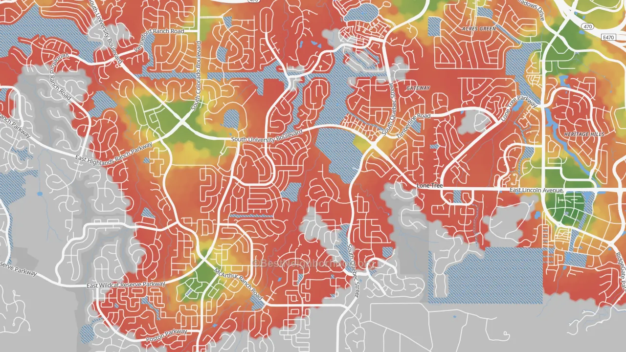 Walk Grade map of 80130, CO, walkable areas in green and car-dependent areas in red