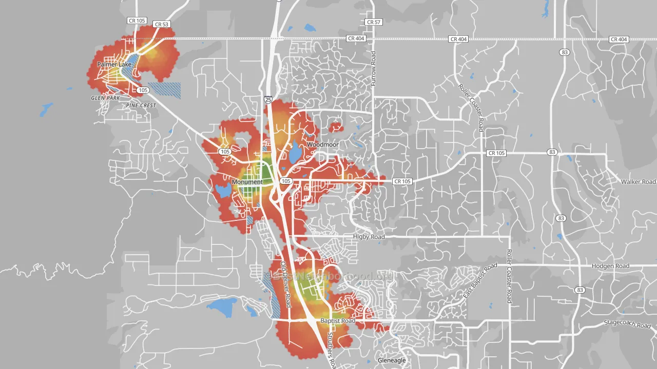 Walk Grade map of 80132, CO, walkable areas in green and car-dependent areas in red