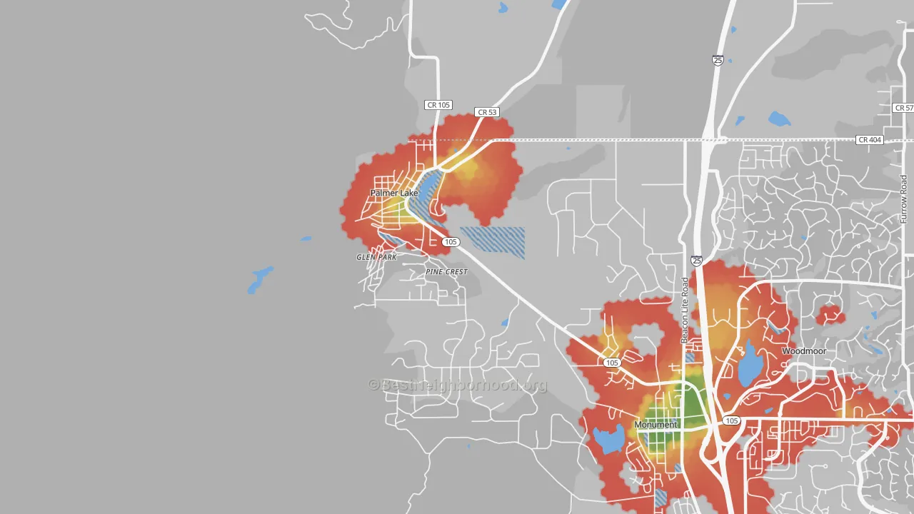 Walk Grade map of 80133, CO, walkable areas in green and car-dependent areas in red