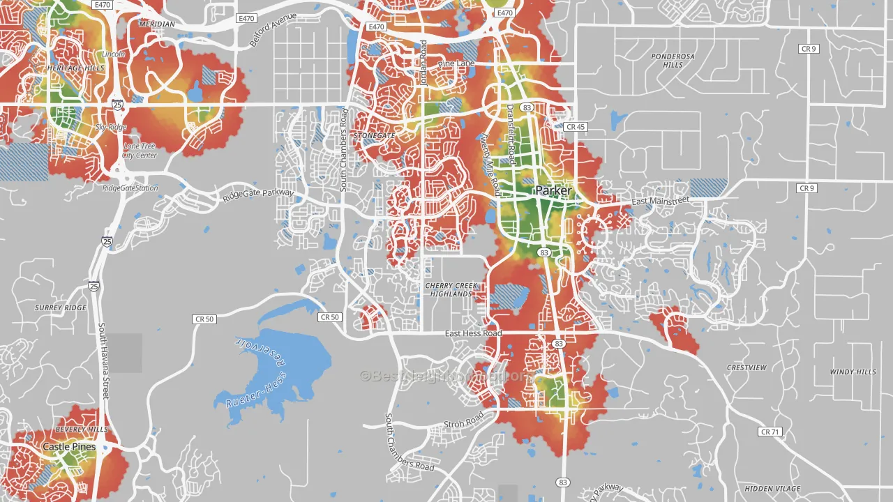 Walk Grade map of 80134, CO, walkable areas in green and car-dependent areas in red