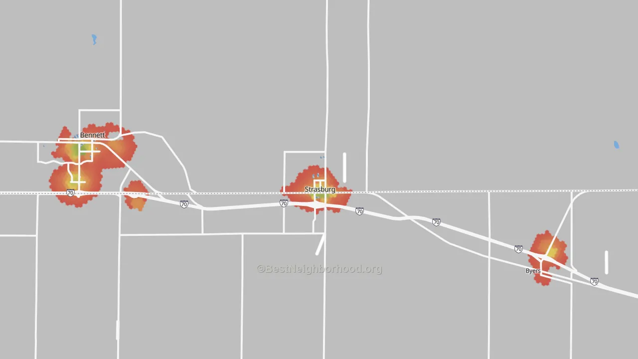 Walk Grade map of 80136, CO, walkable areas in green and car-dependent areas in red