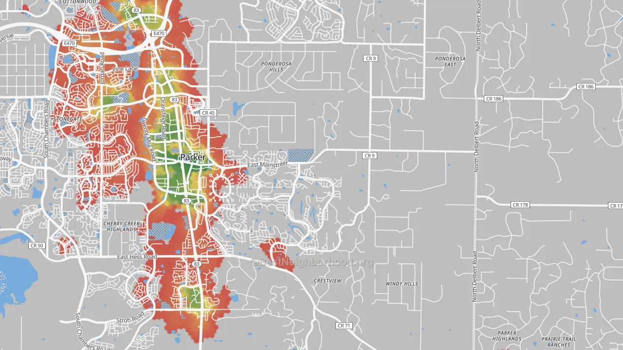 Walk Grade map of 80138, CO, walkable areas in green and car-dependent areas in red