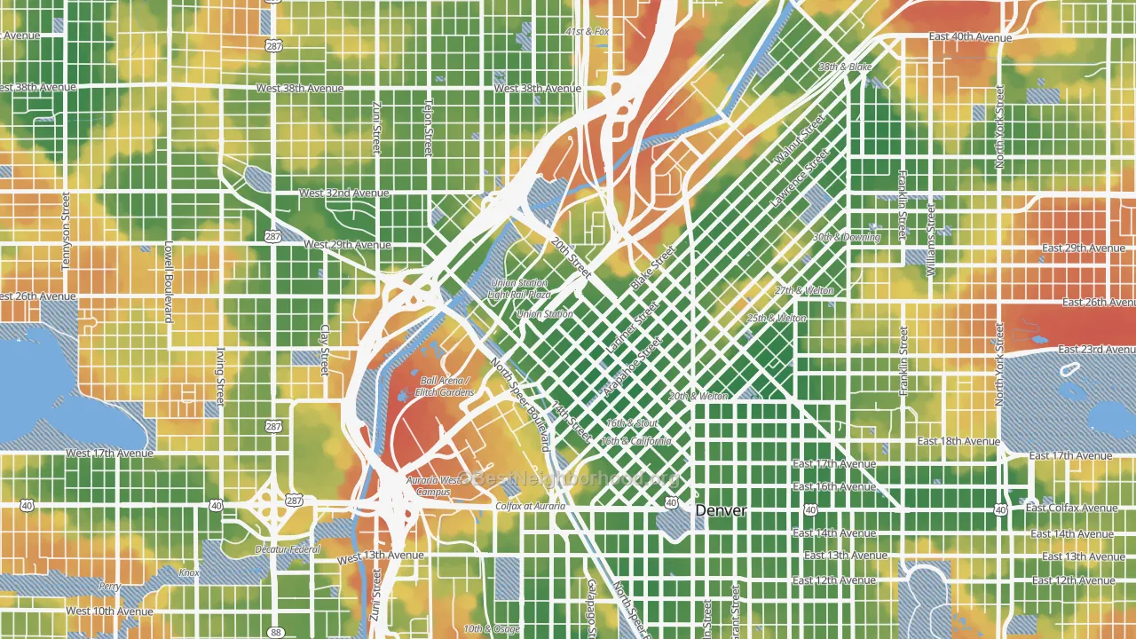 Walk Grade map of 80202, CO, walkable areas in green and car-dependent areas in red