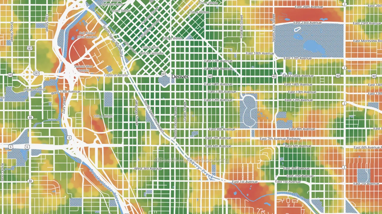 Walk Grade map of 80203, CO, walkable areas in green and car-dependent areas in red