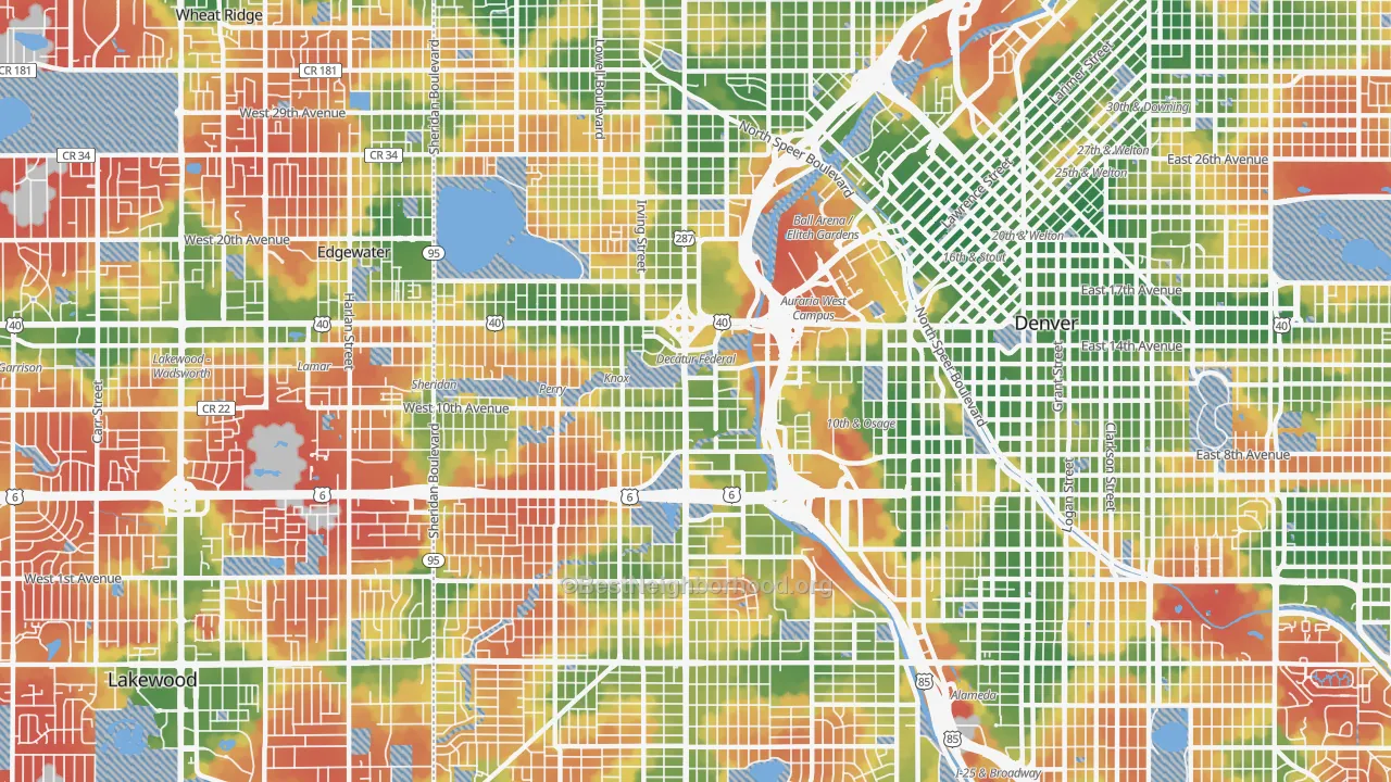 Walk Grade map of 80204, CO, walkable areas in green and car-dependent areas in red
