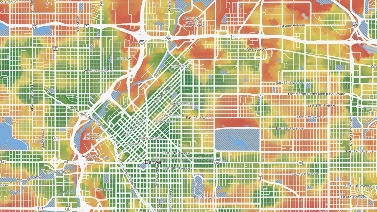 Walk Grade map of 80205, CO, walkable areas in green and car-dependent areas in red