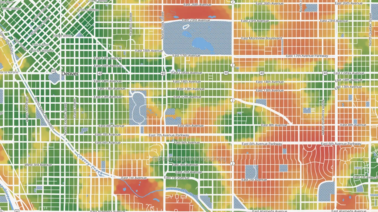 Walk Grade map of 80206, CO, walkable areas in green and car-dependent areas in red