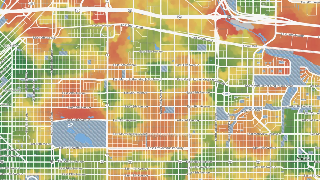 Walk Grade map of 80207, CO, walkable areas in green and car-dependent areas in red