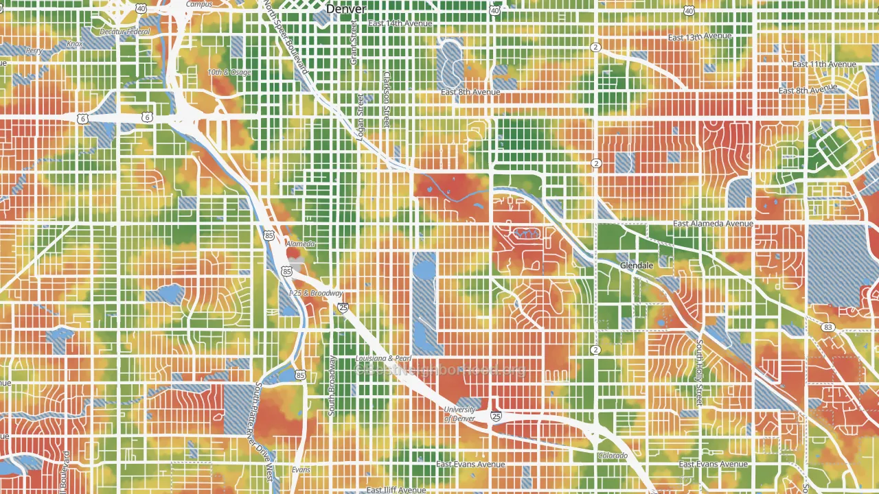 Walk Grade map of 80209, CO, walkable areas in green and car-dependent areas in red