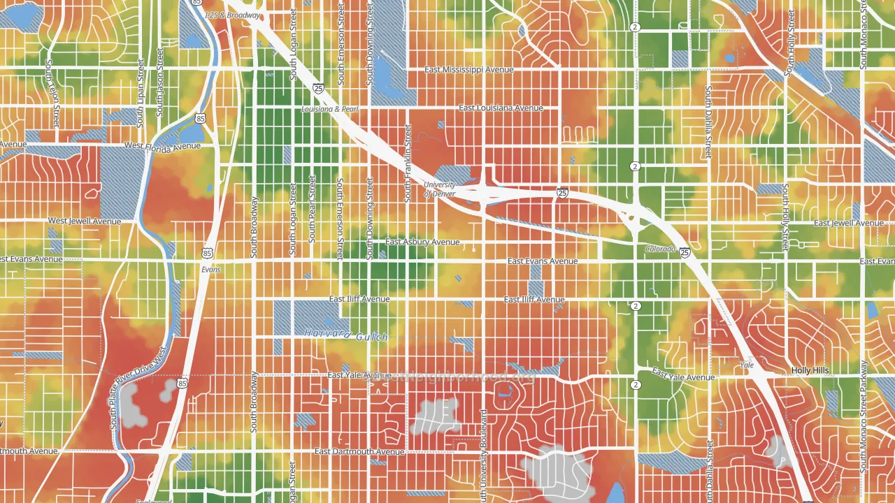 Walk Grade map of 80210, CO, walkable areas in green and car-dependent areas in red