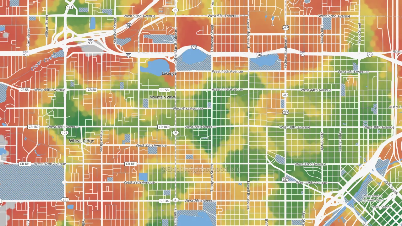 Walk Grade map of 80212, CO, walkable areas in green and car-dependent areas in red