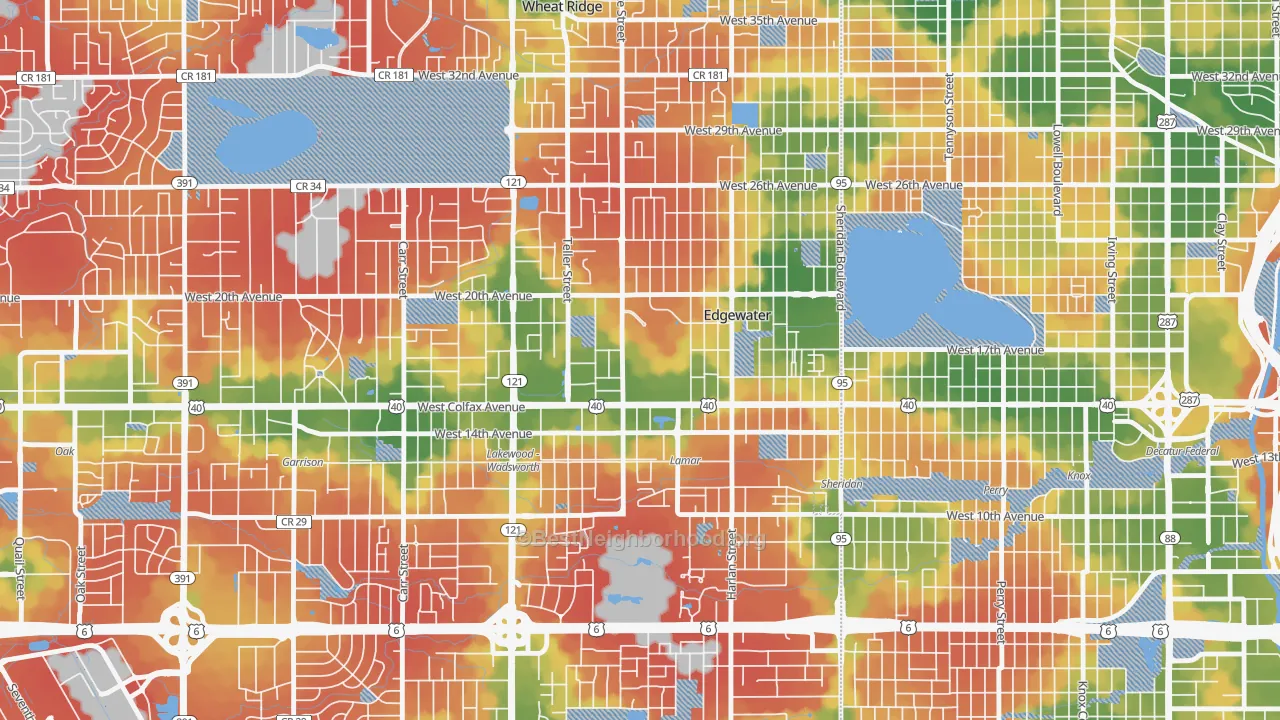 Walk Grade map of 80214, CO, walkable areas in green and car-dependent areas in red
